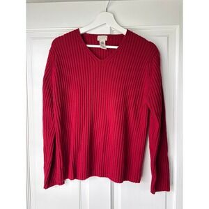 L.L. Bean V-Neck Sweater Large Red Merino Wool Ribbed Knit Long Sleeve